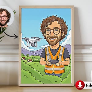 Custom Drone Operator Caricature Portrait | Personalized Drone Pilot Gift | Quadcopter Cartoon | Fun Drone Lover Gift for Brother & Hobbyist