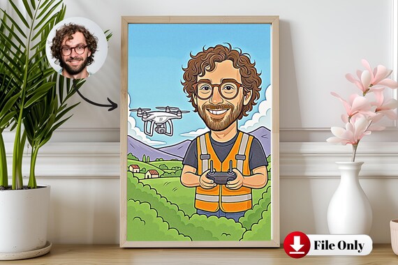 Custom Drone Operator Caricature Portrait | Personalized Drone Pilot Gift | Quadcopter Cartoon | Fun Drone Lover Gift for Brother & Hobbyist