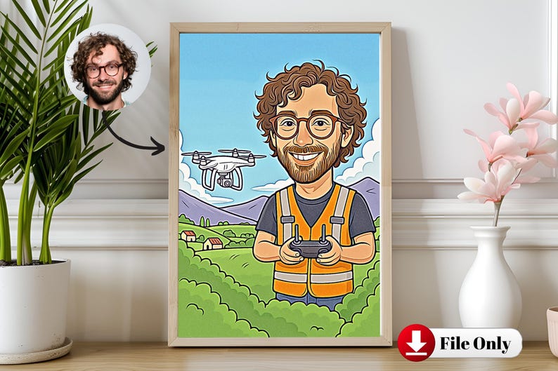 Custom Drone Operator Caricature Portrait | Personalized Drone Pilot Gift | Quadcopter Cartoon | Fun Drone Lover Gift for Brother & Hobbyist image 1