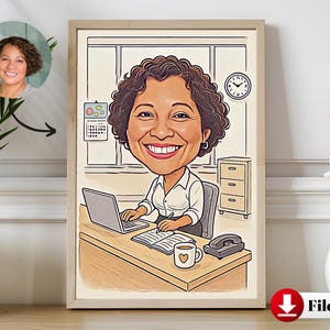 Personalized Secretary Cartoon Portrait: Custom Office Gift Cartoon From Photo (Digital Download)