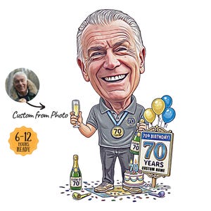 May include: A cartoon illustration of a man celebrating his 70th birthday. He holds a champagne glass and a bottle of champagne. The image includes balloons, a cake, and a sign that reads "70th Birthday! 70 Years Custom Name". The text "Custom from Photo" and "6-12 HOURS READY" are also present.