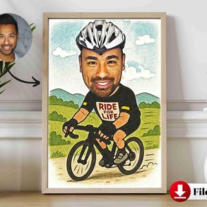 Benutzerdefinierte Radfahrer Karikatur vom Foto - personalisiertes Bikergeschenk für ihn, einzigartiges Radsportporträt, lustige Radfahrerzeichnung