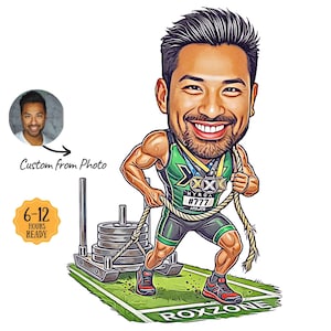 Hand Drawn HYROX Athlete Caricature from Photo, Big Head Fitness Cartoon Portrait