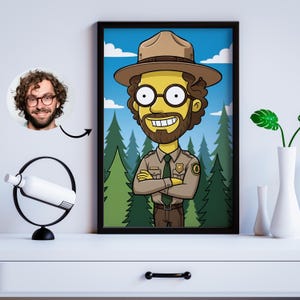 Dibujo animado personalizado de guardabosques a partir de una foto: regalo para aprendiz de guardabosques o cuidador del zoológico. Retrato amarillo del Servicio Forestal: idea única para regalar a un guardabosques.