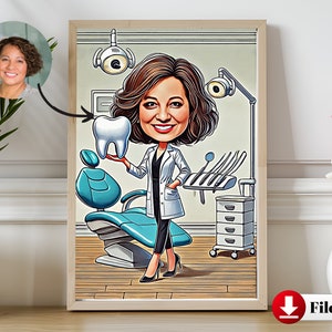 Caricatura personalizada de dentista femenina: decoración personalizada para consultorio dental, arte de caricatura digital, gran regalo para dentista, regalo único para ella