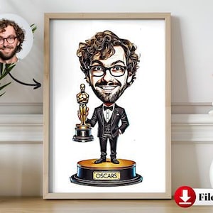 Portrait dessin animé personnalisé Oscars - Cadeau caricature numérique unique pour les cinéphiles, les amis ou les proches