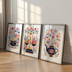 Botanical Kitchen Wall Art Set of 3 | Cottagecore Tea & Coffee Prints | Floral Teapot | Coffee and Vintage Scale Posters | Gallery Wall