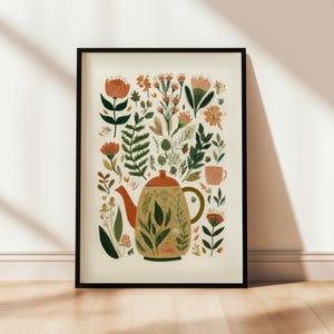 Lámina decorativa de tetera floral / Decoración de cocina moderna de mediados de siglo / Póster de arte popular / Estética botánica
