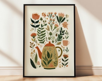 Floral Teapot Wall Print | Mid Century Modern Kitchen Decor | Folk Art Poster | Botanical Aesthetic