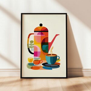 Coffee Art Print | Vibrant Abstract Pot and Cups Decor | Playful Kitchen Wall Art