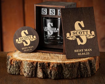 Groomsmen Gifts, Groomsman Proposal, Personalized Whiskey Glass Set in Wooden Box, Best Man Gift