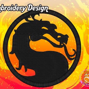 May include: Black and white embroidery design of a dragon with a yellow and orange background. The design is in a circle with the text "Embroidery Design" at the top.