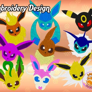 May include: Embroidery designs of various Pokemon characters, including Pikachu, Eevee, Charmander, Squirtle, Bulbasaur, and more. The designs are colourful and detailed, perfect for creating custom embroidery projects.