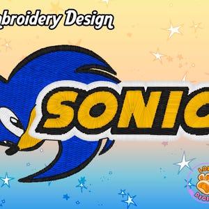 May include: Embroidered design of Sonic the Hedgehog, a blue cartoon character with yellow eyes, running with the word "SONIC" in yellow letters on a white background.