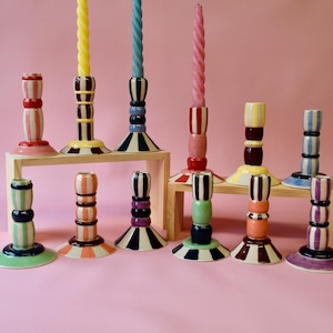 Handmade Striped Ceramic Candlestick Holders - Bold & Playful Design