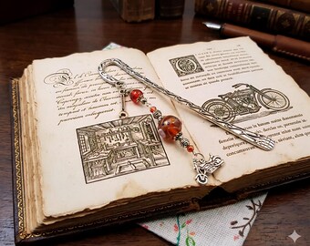 Motorbike Bookmark with Red Glass Beads,Motorcycle and Wrench Charms,Unique Gifts for Bikers and Book Lovers