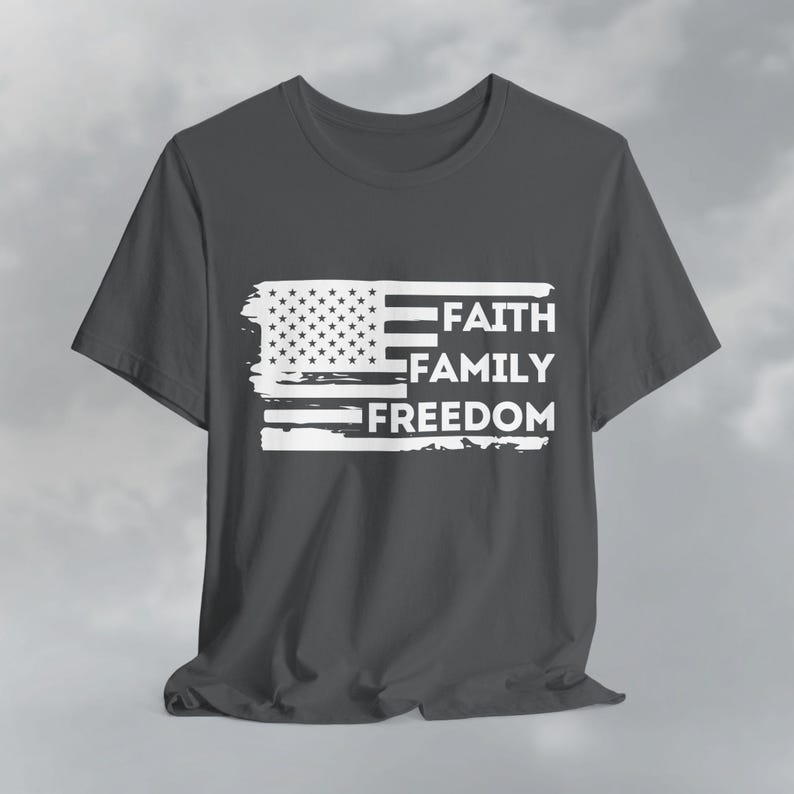 Faith Family Freedom American Flag Tee, Patriotic Christian Shirt Asphalt