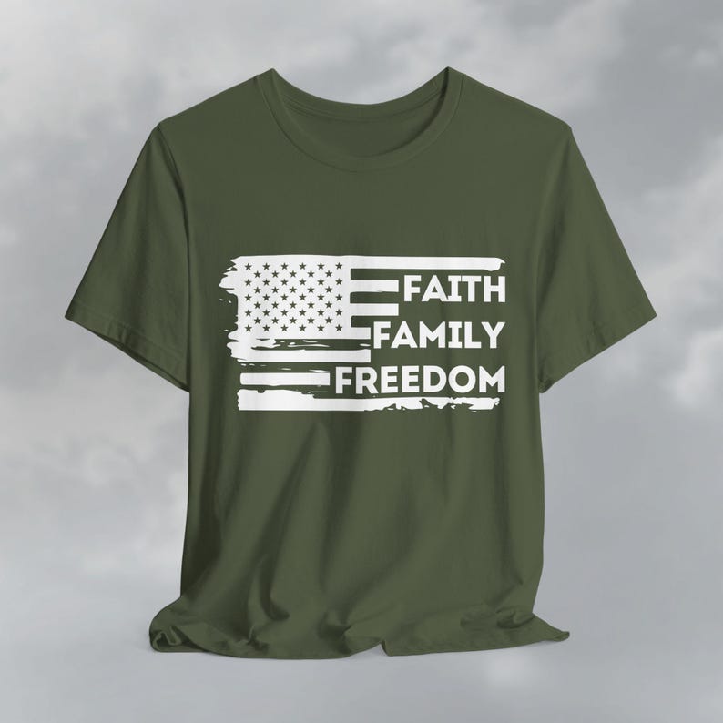 Faith Family Freedom American Flag Tee, Patriotic Christian Shirt Military Green