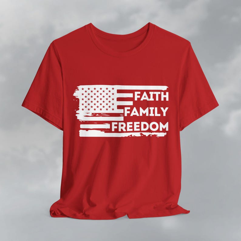 Faith Family Freedom American Flag Tee, Patriotic Christian Shirt Red