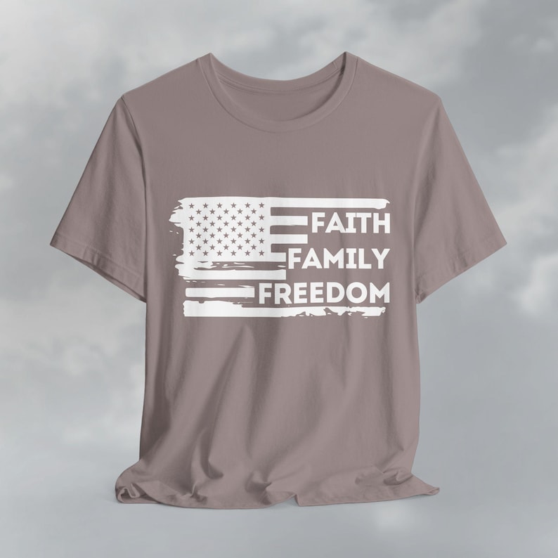 Faith Family Freedom American Flag Tee, Patriotic Christian Shirt Pebble Brown
