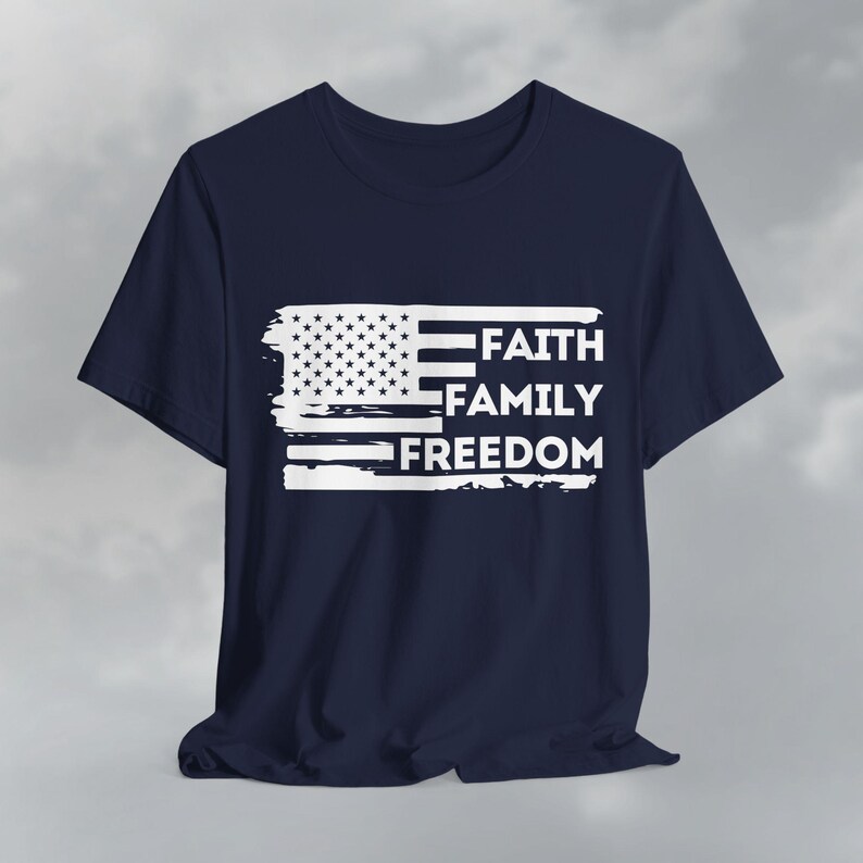Faith Family Freedom American Flag Tee, Patriotic Christian Shirt Navy