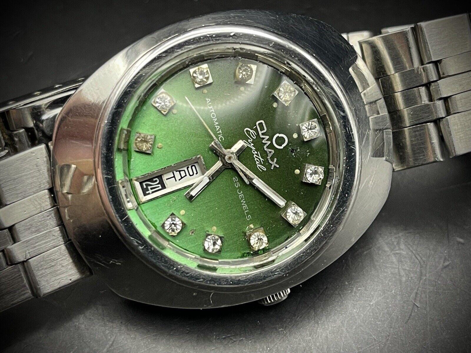 Vintage Omax Crystal 25 Jewels Automatic Green Diamond Dial 36mm Mens Watch Etsy Canada