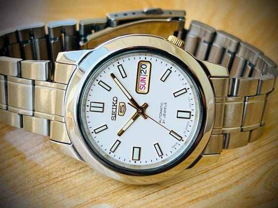 Seiko 5 Automatic 21 juwelen witte wijzerplaat 7S26 02W0 39 mm herenhorloge Etsy Nederland