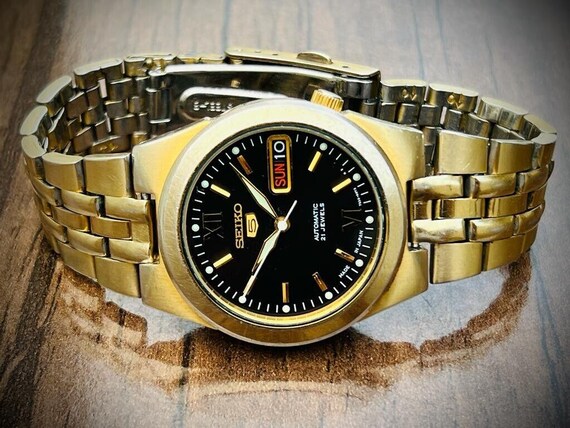 Seiko 5 Automatic Gold Plated Black Dial 35mm 7s26 02v0 Japan Made Gents Watch Etsy Canada