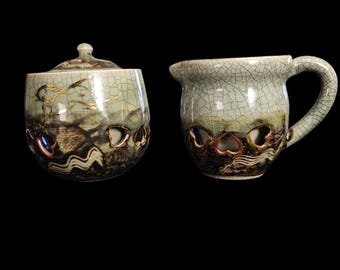 Vintage Made in Japan Art Pottery Creamer Sugar Bowl Crackle Glaze Pierced Heart