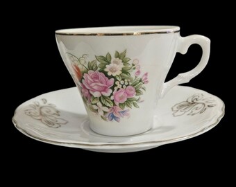 Vintage Japan Porcelain Teacup Saucer Floral Rose Gold Trim Crown Mark