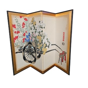 May include: A four-panel folding screen featuring a painted illustration of a black wooden cart overflowing with red maple leaves, blue flowers, and white and yellow chrysanthemums. The screen has gold-colored borders and red Japanese text.