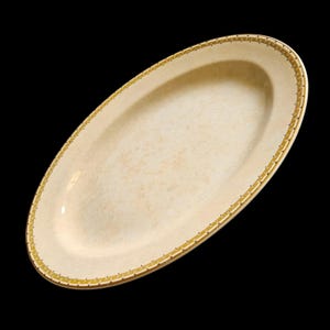 May include: An oval-shaped serving platter with a cream-colored interior and a gold-colored border. The rim of the platter has a decorative gold pattern. The background is black.
