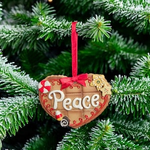 Heart Shaped Gingerbread &quot;Peace&quot; Christmas Ornament Faux Cookie Holiday Decor