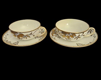 Vintage Imperial China Japan Gold Floral Teacup & Saucer Set of 2 Pairs