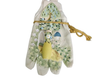 Hand Painted Garden Gloves & Trowel Floral Cottage Garden Folk Art Decor