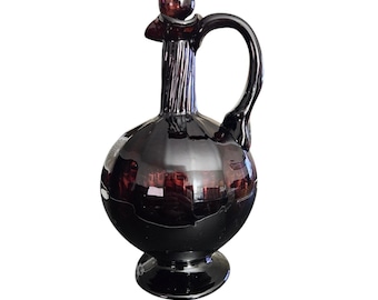 Vintage Cranberry Art Glass Hand Blown Cruet Decanter Stopper Applied Handle