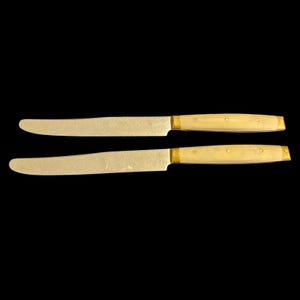 May include: Two knives with light-colored handles and silver blades are displayed against a black background. The handles have a rounded shape with brass-colored accents at the base and end. The blades are long and slender.