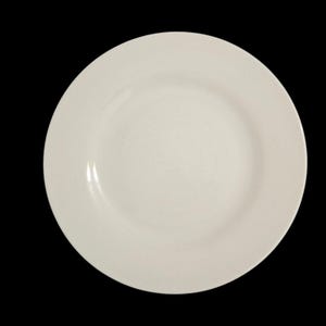 May include: A circular, solid off-white ceramic dinner plate with a smooth, flat surface and a slightly raised rim. The plate features a clean, uniform finish across its entire top side, presenting a simple and functional design for dining.