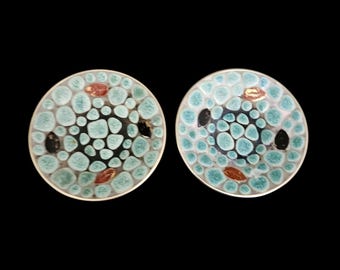 Vintage Enamel Trinket Dishes Pair Turquoise Pebble Mosaic Mid Century