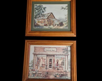 Set of 2 Framed Rustic Country Store Prints Trading Post General Store Wall Art