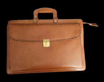 Vintage Brown Leather Briefcase Attache Portfolio Bag Brass Lock