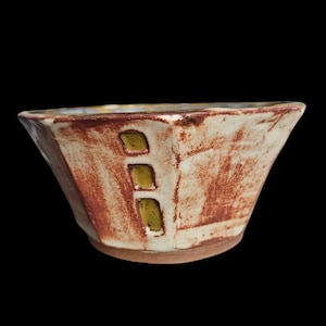Studio Art Pottery Bowl Flared Rim Rust Red Cream Glaze Geometric Design Signed