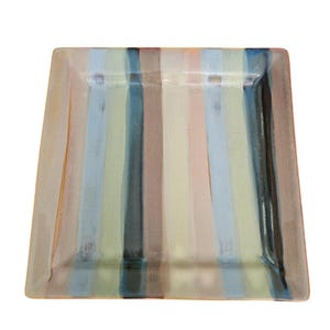 May include: A square ceramic plate featuring a series of vertical painted stripes in muted tones of blue, green, beige, and dark brown. The surface has a glossy finish with a slightly raised rim, showcasing a hand-painted aesthetic throughout.
