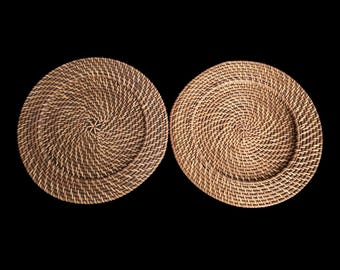 Vintage Set of 2 Handwoven Rattan Wicker Round Wall Baskets Boho Tribal Decor