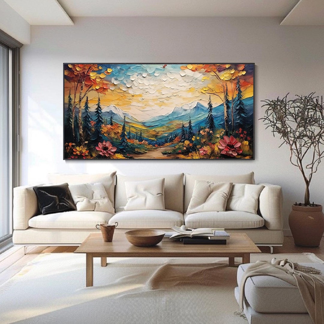 Autumn Snowy Mountain Sunset Landscape Oil on Canvas Orange Forest Tree ...
