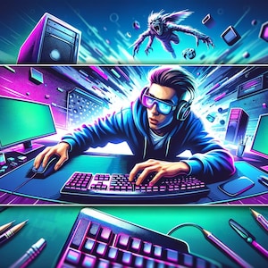 May include: A gamer sits at a desk with a keyboard, mouse, and two computer monitors. The monitors have green screens. The gamer is wearing headphones and sunglasses. The background is a vibrant blue and purple with a monster flying in the air.