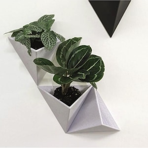 Może przedstawiać: Dwa białe trójkątne doniczki z geometrycznymi wzorami, zamontowane na białej ścianie. Doniczki są wypełnione zielonymi roślinami.