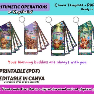May include: Four keychains with arithmetic operations: addition, subtraction, multiplication, and division. Each keychain features a different animal character and a table. The text reads "Arithmetic Operations in Keychain!" and "Your learning buddies are always with you."