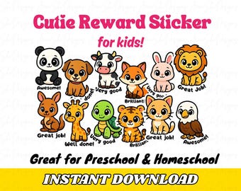 Könnte beinhalten: Bogen mit farbenfrohen Belohnungsaufklebern mit Zeichentricktieren wie Panda, Hund und Löwe. Jeder Aufkleber hat eine positive Aussage wie "Fantastisch!" oder "Tolle Arbeit!" Der Text "Cutie Reward Sticker for kids!" steht oben.