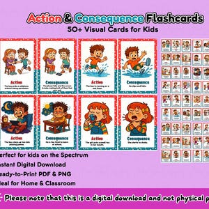 May include: A set of Action & Consequence Flashcards featuring 50+ visual cards for kids. The cards display cartoon illustrations of various scenarios with text labels describing actions and consequences, presented on a light purple background.
